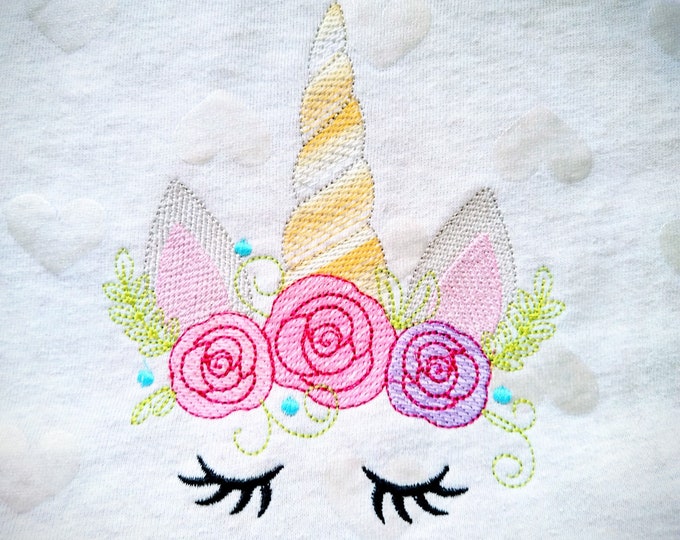 Sketch stitch Unicorn head with shabby chick roses crown light triple bean stitch machine embroidery designs applique Rainbow unicorn face