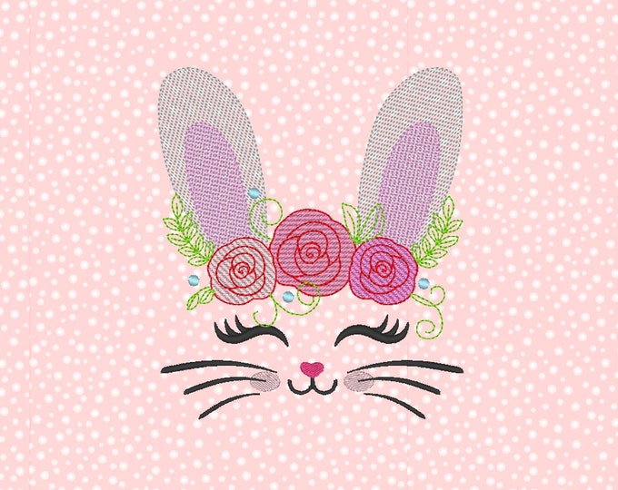 Sketch stitch bunny head with shabby chick roses crown light triple bean stitch machine embroidery designs applique Easter bunny face