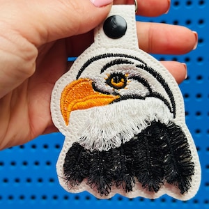 Fringed Eagle key fob snap tab Eagle keychain in the hoop machine embroidery designs ITH project mascot bird fluffy fuzzy eagle gift idea