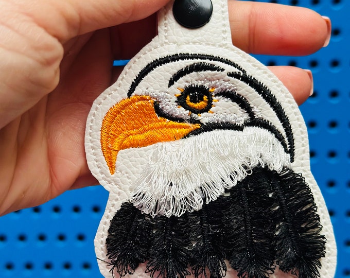 Fringed Eagle key fob snap tab Eagle keychain in the hoop machine embroidery designs ITH project mascot bird fluffy fuzzy eagle gift idea