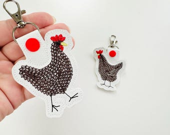 Chain stitch Cute Chicken 2 types Key Fob snap tab and Eyelet ITH in the hoop keychain machine embroidery designs for hoop 4x4 farm bird