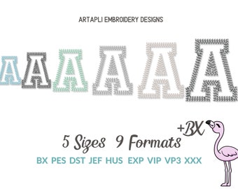 May include: Five embroidery designs of the letter A in different colors and sizes. The designs are available in nine formats: BX, PES, DST, JEF, HUS, EXP, VIP, VP3, and XXX. The text "+BX" and "5 Sizes 9 Formats" are also included in the image.