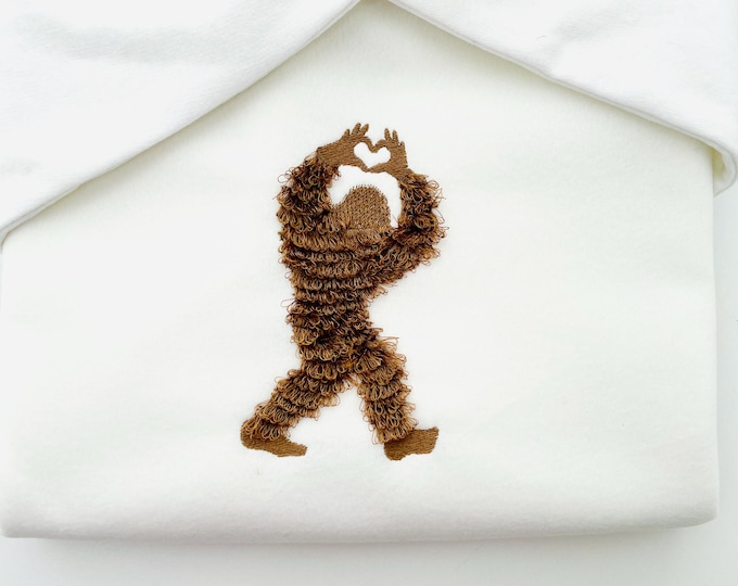 Yeti Iceman Hand Heart fringed fluffy chenille Bigfoot Sasquatch machine embroidery designs sizes kids boys fun wild forest silhouette