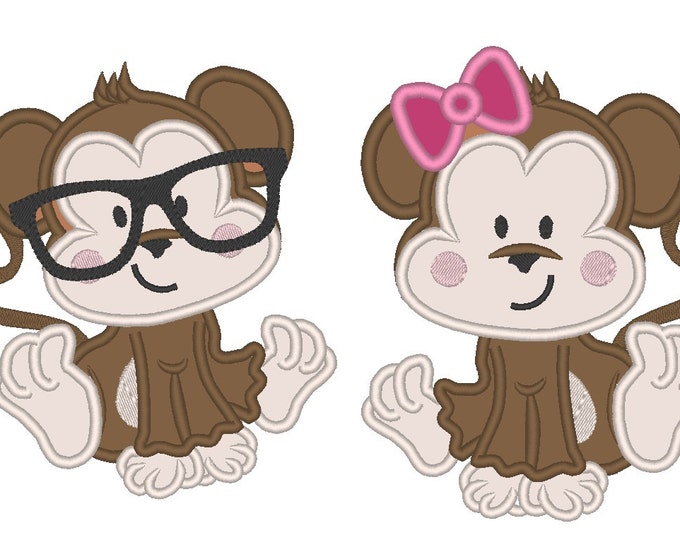 Monkey Nerd and Girly Monkey with bow Machine embroidery designs Applique and fill stitch designs hoop 4x4 and 5x7 little monkey girl boy