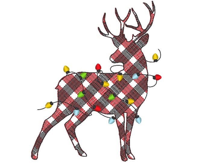 Light stitch Plaid Deer Silhouette gingham tartan with Christmas lights Pajamas machine embroidery design - 4, 5, 6, 7, 8 inches