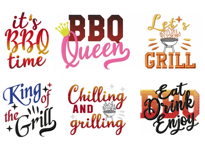 Set BBQ time, it is Barbecue time, apron, kitchen towel, summer time, gradient, rainbow,  iridescent embroidery design 4, 6, 7, 8  inches