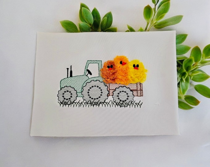 Light Stitch Easter Tractor with cute little Chicks Boys outfit Design Fringe in the Hoop machine embroidery designs fluffy chicken kids