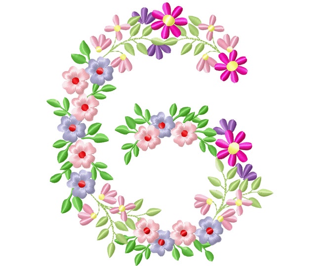 Country Floral birthday number 6 farm flowers number flower flowered Font machine embroidery designs number 6 SIX only 3.5, 4, 5, 6, 7, 8 in