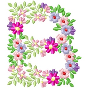 May include: Embroidered floral letter B with pink, purple, and green flowers. The letter is formed by a wreath of flowers and leaves.