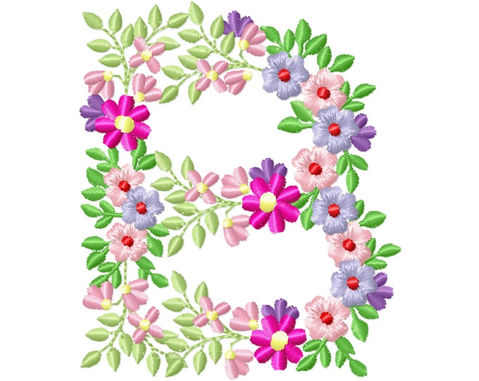 Country Floral letter B garden flag monogram flowers flower flowered Font machine embroidery designs monogram B  only 3,5, 4, 5, 6, 7, 8 in