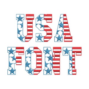 May include: USA FONT in red, white, and blue with stars and stripes pattern.