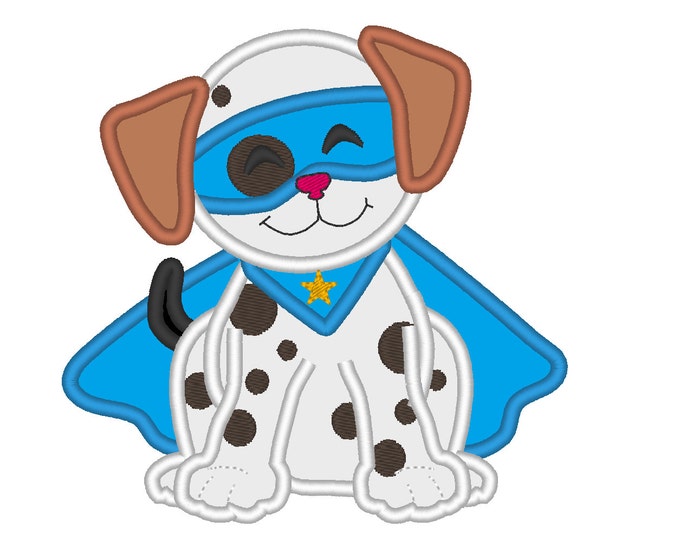 Puppy dog with a super hero mask and cape applique machine embroidery designs, multiple sizes, cute kids superhero pet dog Dalmatian boy