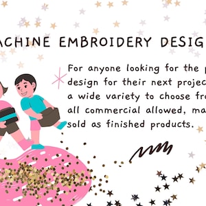 Peut inclure: Deux enfants de dessin anim&eacute; se tiennent sur un nuage rose avec des paillettes dor&eacute;es. Le texte "MACHINE EMBROIDERY DESIGNS" est en haut de l'image. Le texte sous les enfants dit "Pour tous ceux qui recherchent le design parfait pour leur prochain projet. Avec une grande vari&eacute;t&eacute; &agrave; choisir, et tous les usages commerciaux autoris&eacute;s, peuvent &ecirc;tre vendus en tant que produits finis."