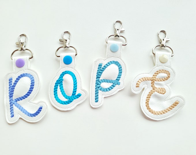 Rope Key fob snap tab Monogram script initial letters from A up to Z in the hoop ITH keyfob bag tag keychain machine embroidery designs 4x4