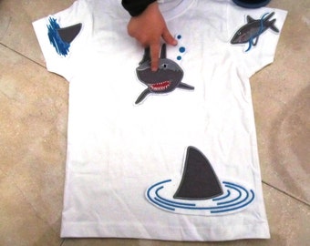 SET Shark designs - set of 4 types Machine Embroidery Designs + Applique Designs for hoop 4x4, 5x7 kids boy t-shirt outfit sea shark design