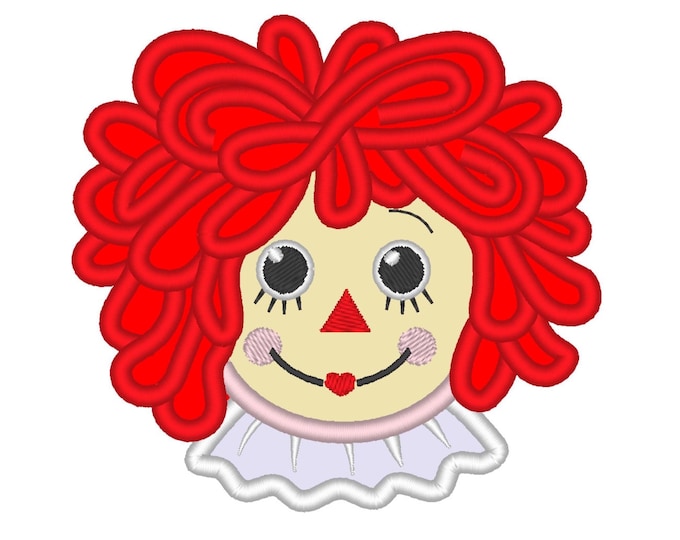 Raggedy Ann vintage looped hair doll Applique machine embroidery designs sizes for hoop 4x4 and 5x7 kids cute doll girls Ann face applique