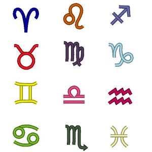 12 znaków zodiaku - wzory do haftu maszynowego w pojedynczych plikach, mini wzory do ściegu wypełniającego, znaki konstelacji, NATYCHMIASTOWE POBIERANIE