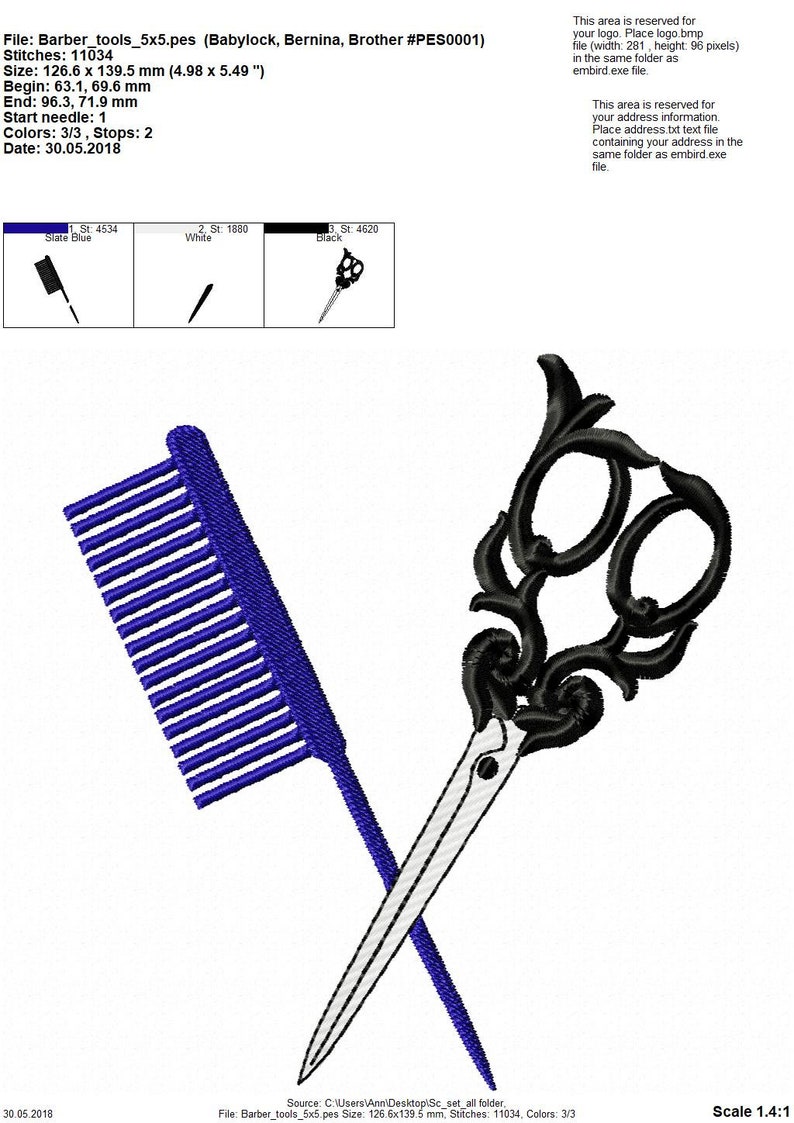 Barber hairdresser cross scissors and comb embroidery ...