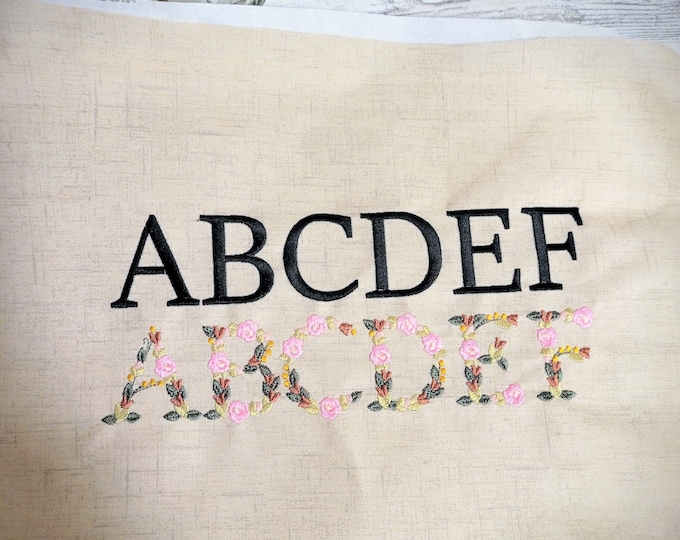 Mini roses floral font alphabet  flower monogram liberty fashioned flowers Font machine embroidery designs sizes 1.4, 1.6, 1.8, 2 in BX inc