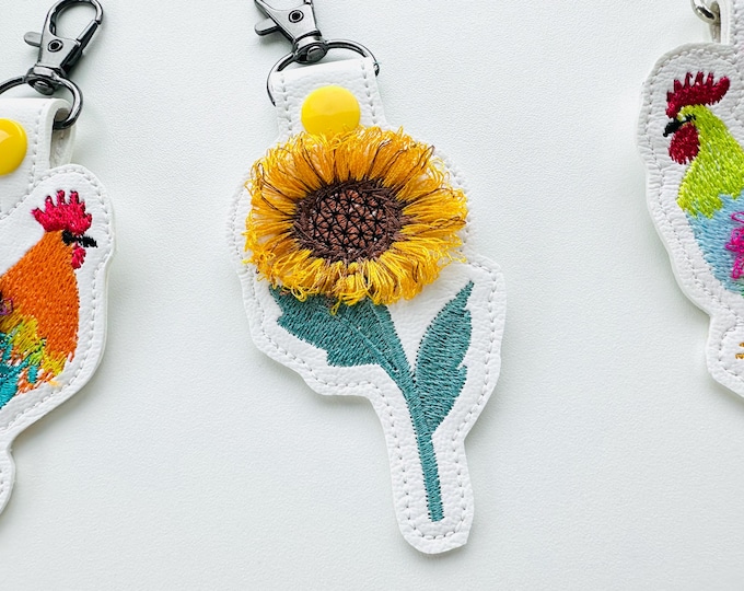 Sunflower Stem Eyelet and Key Fob Snap Tab floral keychain in the hoop machine embroidery designs ITH farm flower fluffy fringed sunflower