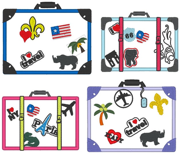 Cute Suitcases, Suitcase set 4 types, ready for summer holidays trip vacation travel applique machine embroidery designs in multiple sizes