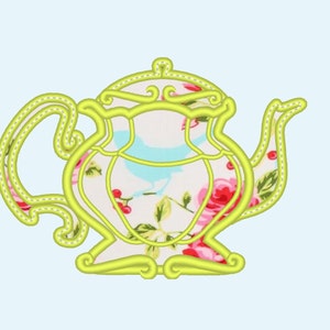 May include: A yellow outline of a teapot with a floral pattern inside. The teapot has a spout and a handle.