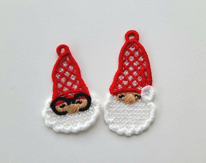 Mini wee Christmas gnome charm necklace pendant earrings or ornament SET of 2 gnomes FSL freestanding lace machine embroidery designs ITH