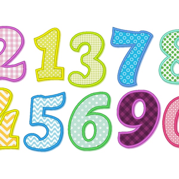 Cute NEW perfect wide satin stitch Numbers birthday theme, birthday numbers, machine embroidery applique designs - 4, 5, 6 and 7 inches