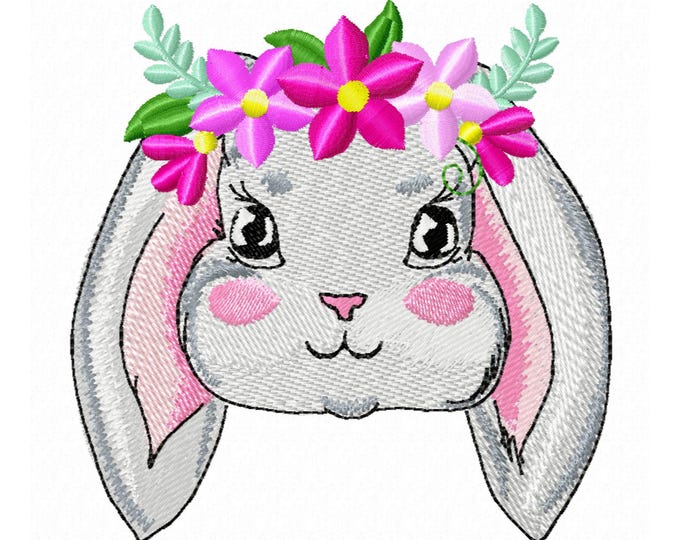 Floral crown Bunny head with flowers cute Easter Bunny flower girls kids baby fill stitch machine embroidery designs assorted sizes
