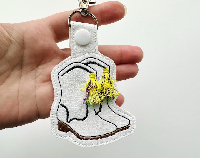 Mardi Gras festive Boots fringed tassels Eyelet and Key Fob Snap Tab keychain in the hoop machine embroidery designs girls bag tag gift idea