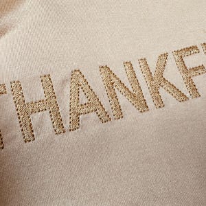 May include: Beige fabric with the word "THANKFUL" embroidered in gold thread.