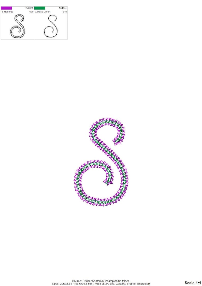 Puede incluir: Una letra "S" bordada en magenta y verde musgo, con un dise&ntilde;o detallado y texturizado. El dise&ntilde;o se compone de peque&ntilde;as formas repetidas, creando una apariencia decorativa y estilizada. La imagen incluye una escala de 1:1.