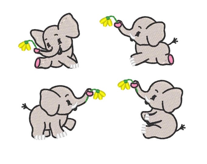 MINI Little Elephant SET of 4 types Elephant fill stitch kids baby Monogram add-on Machine Embroidery Designs small mini sizes 1.5, 2, 3 in