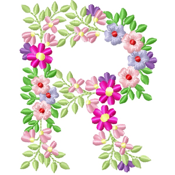 Country Floral letter R garden flag monogram flowers flower flowered Font machine embroidery designs monogram R only 3,5, 4, 5, 6, 7, 8 in