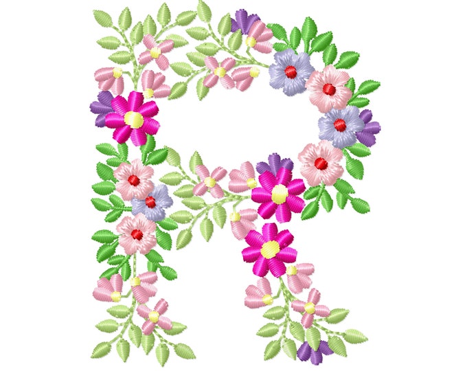 Country Floral letter R garden flag monogram flowers flower flowered Font machine embroidery designs monogram R only 3,5, 4, 5, 6, 7, 8 in