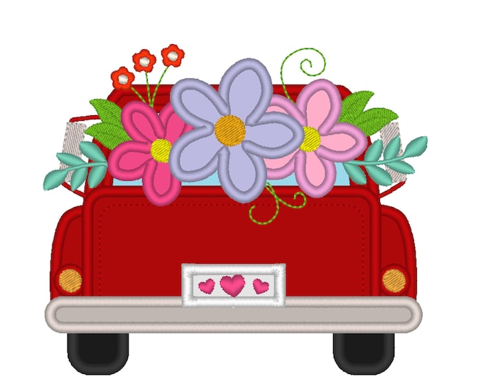 Vintage station wagon red truck back with flowers in the back, kids red truck with floral flower bouquet machine embroidery applique designs