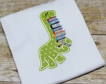 Dinosaur with stack of books Applique machine embroidery designs assorted sizes for hoop 4x4  5x7  6x10 little Dino reading book kids design