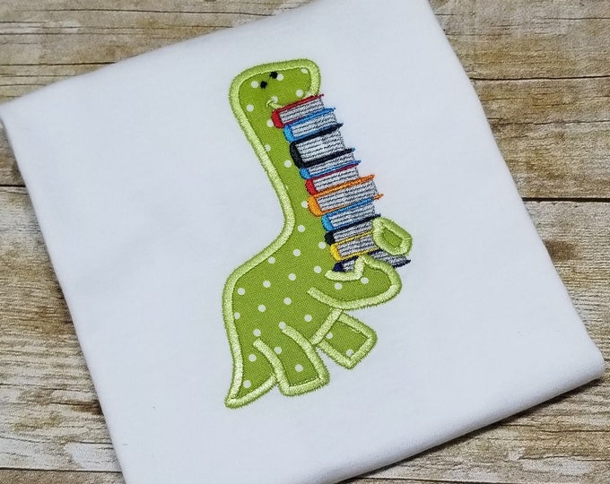 Dinosaur with stack of books machine embroidery applique designs - assorted sizes, for hoops 4x4, 5x7, 6x10  INSTANT DOWNLOAD