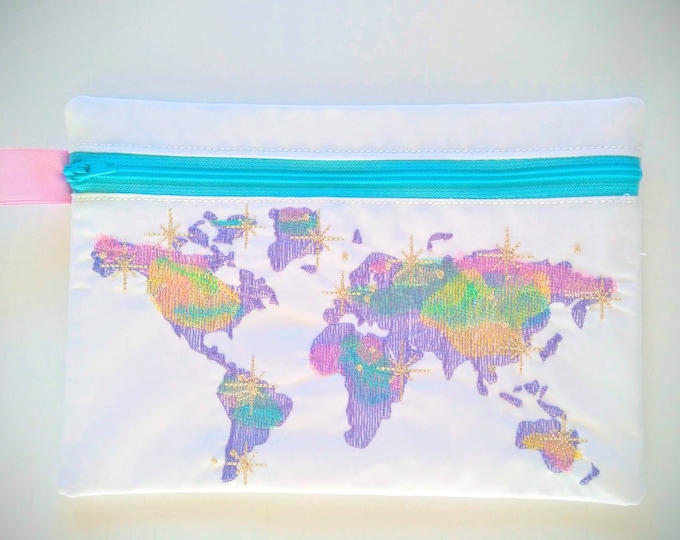 Wanderlust sparkle world map  Envelope ITH, Pocket, ITH, bag, zip bag, In The Hoop Machine Embroidery designs In-The-Hoop 5x7 6x10 8x8 8x12