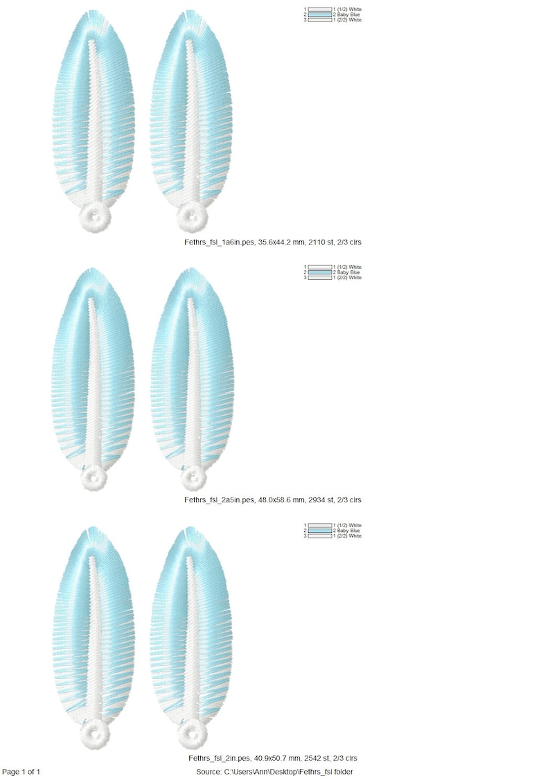 K&ouml;nnte beinhalten: Drei S&auml;tze blauer und wei&szlig;er Federn-Stickmuster. Die Designs sind in verschiedenen Gr&ouml;&szlig;en, wobei das kleinste 4,1 cm, das mittlere 6,4 cm und das gr&ouml;&szlig;te 5,1 cm gro&szlig; ist. Die Designs sind alle im gleichen Stil, mit einer langen, schmalen Form und einer spitzen Spitze.