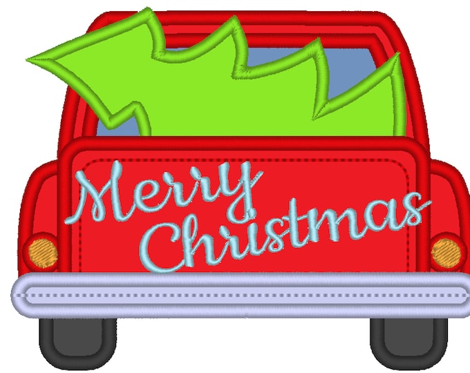 Merry Christmas Station wagon with Christmas tree Red Truck with Christmas tree in the back Vintage machine embroidery applique designs