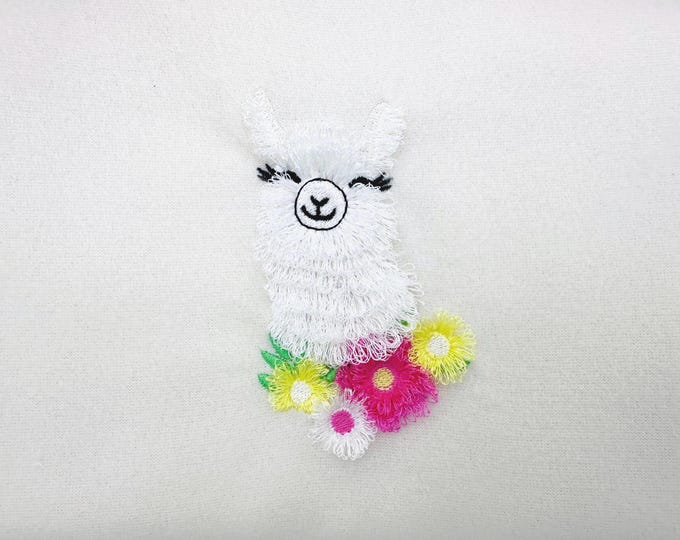 Fluffy Floral Llama Alpaca head fringed farm animal summer kids girls fringed machine embroidery designs fuzzy chenille sizes 4.5 and 5 inch