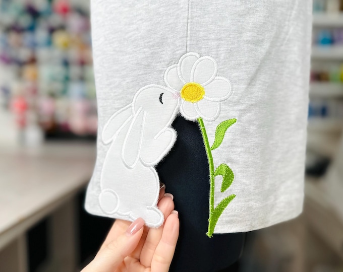 Cute little Easter Bunny with Flower side seam cutout side bow Applique machine embroidery designs Farm animal tshirt sweatshirt embroidery