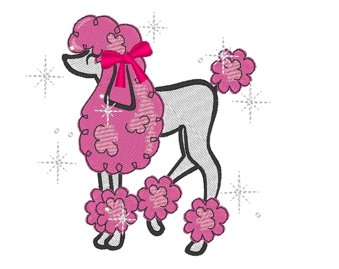 Girly pink Poodle with bow machine embroidery designs fill stitch in assorted sizes sparkling sparkle poodle dog pet kids party girl bow