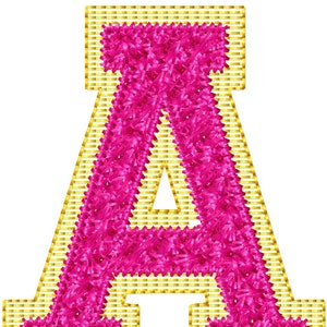May include: A large pink letter A with a yellow outline. The letter is made of a fluffy material, like a chenille yarn.