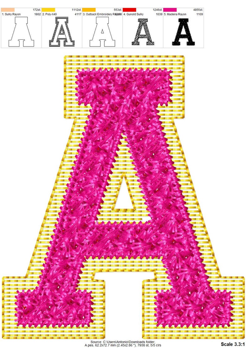 May include: A large pink letter A with a yellow outline. The letter is made of a fluffy material, like a chenille yarn.