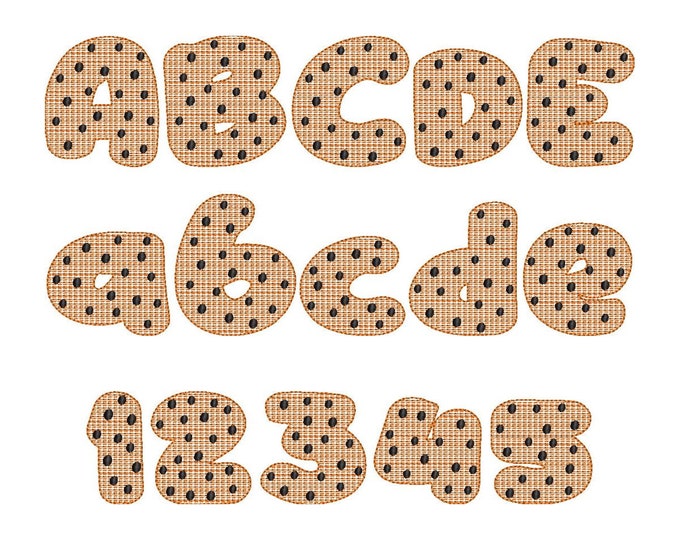 Cookie FONT with choco crisps light fill stitch alphabet machine embroidery designs assorted sizes, kids monogram chocolate cookies BX incl