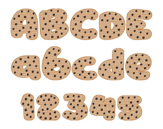 Cookie FONT with choco crisps light fill stitch alphabet machine embroidery designs assorted sizes, kids monogram chocolate cookies BX incl