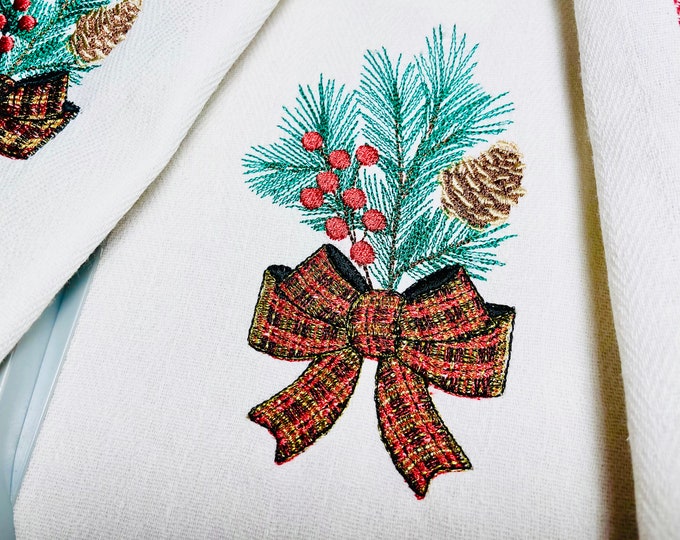 Pine ornament Merry Christmas machine embroidery designs Gingham plaid Bow for hoop 4x4  5x7 Christmas towel or pillow design by Artapli