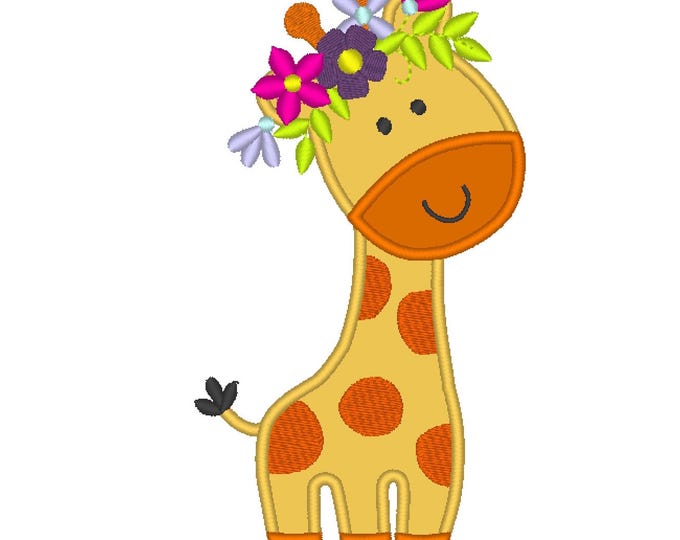 Giraffe  with floral crown applique machine embroidery design cute little giraffe multiple sizes 5, 6, 7 and 8 inches INSTANT DOWNLOAD